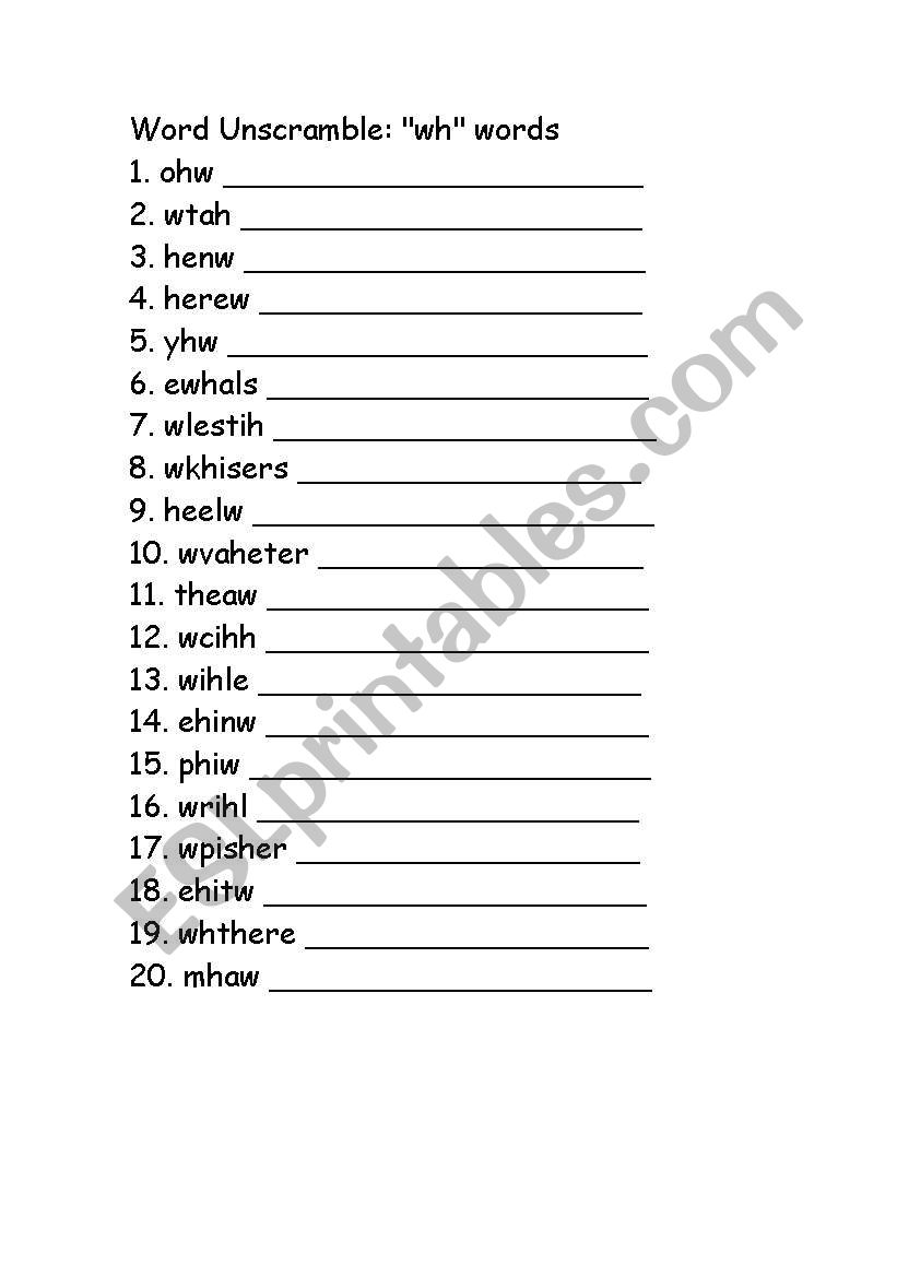 Unscramble wh words worksheet