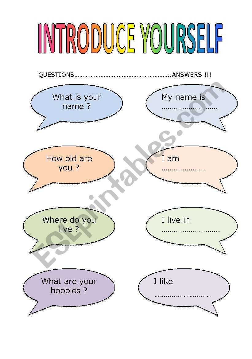 Introduce Yourself ESL Worksheet By Mildredpierce