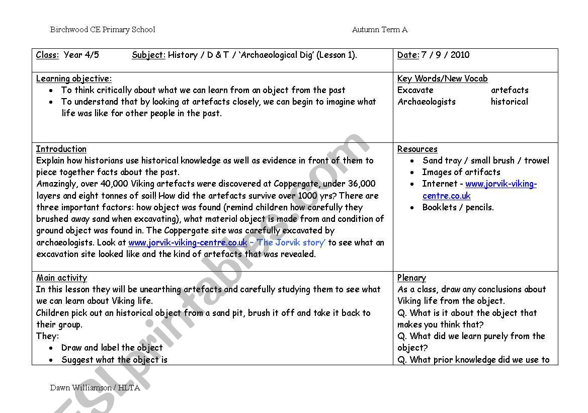 Archaeological dig worksheet