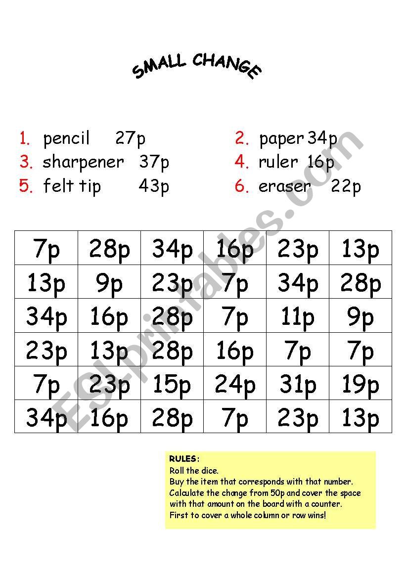 Small change board game worksheet