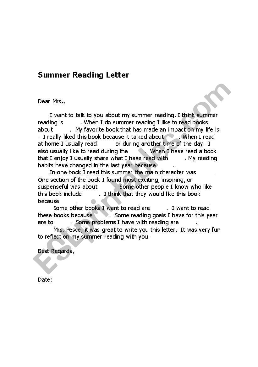 Summer Reading Letter worksheet