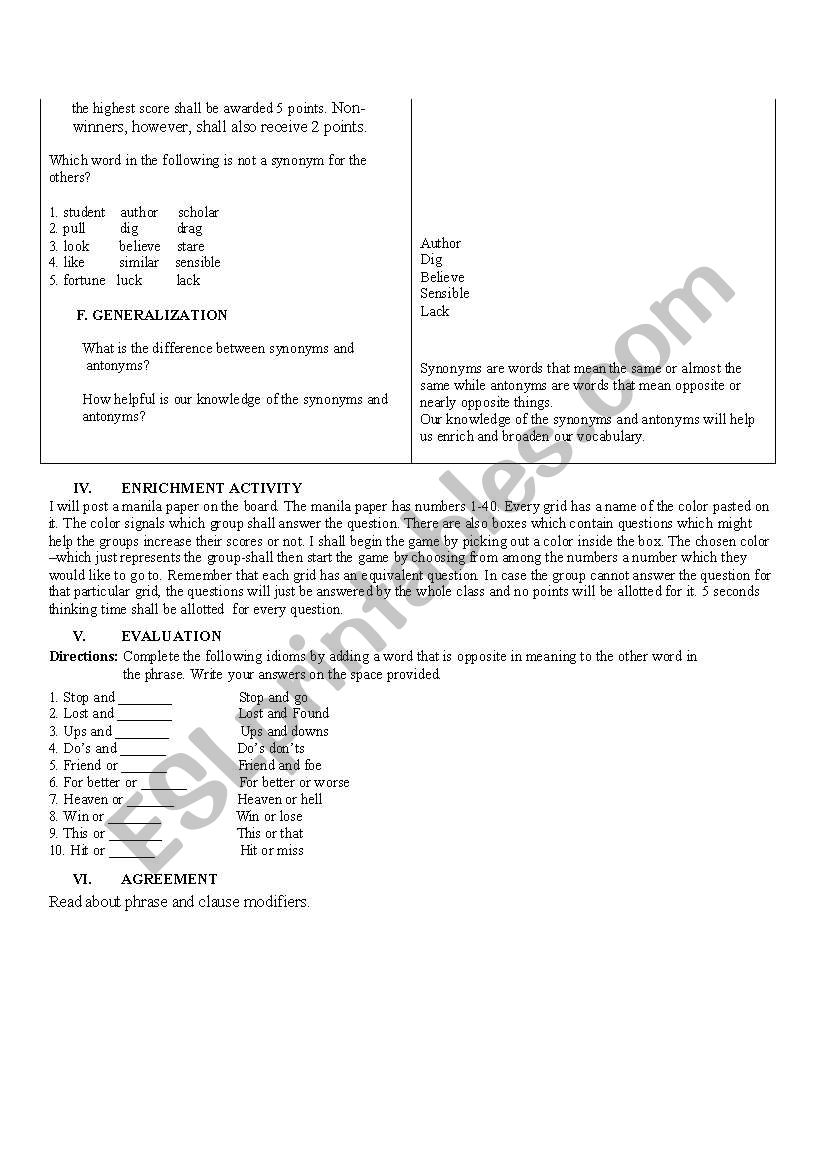 lesson plan about Antonyms and synonyms - A Semi Detailed Lesson