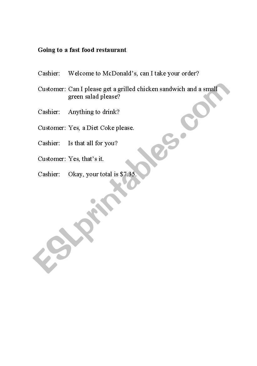 Ordering Fast Food Dialogue worksheet