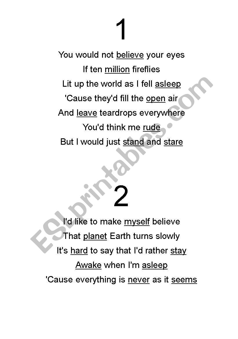Fireflies Lyrics Relay worksheet