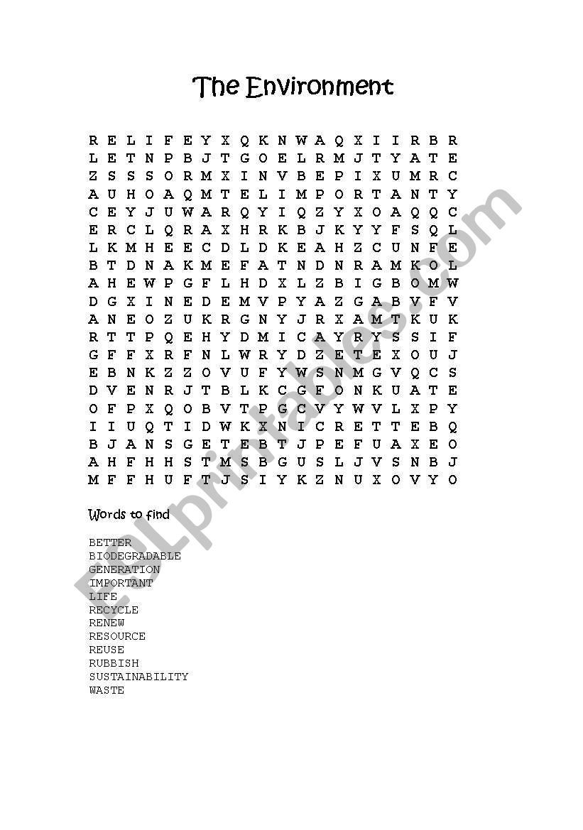 Environmental Science Word Search Environment Wordsearch Worksheet Free Esl Printable