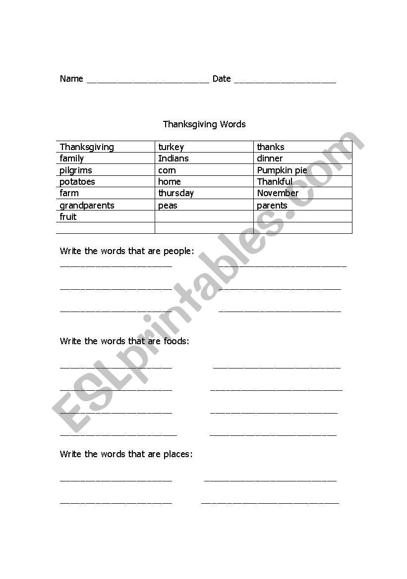 Thanksgiving Words worksheet