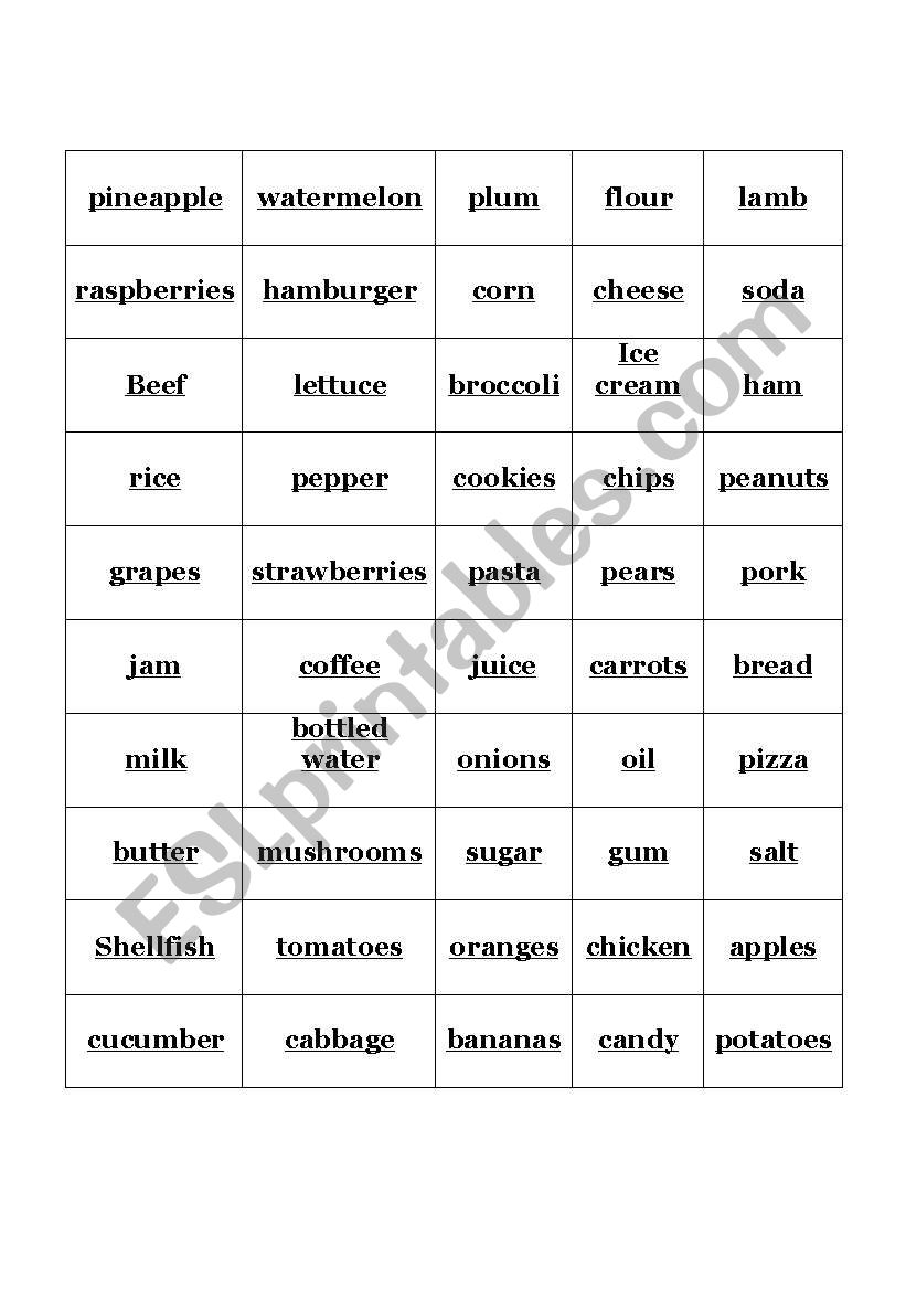 food flash cards worksheet