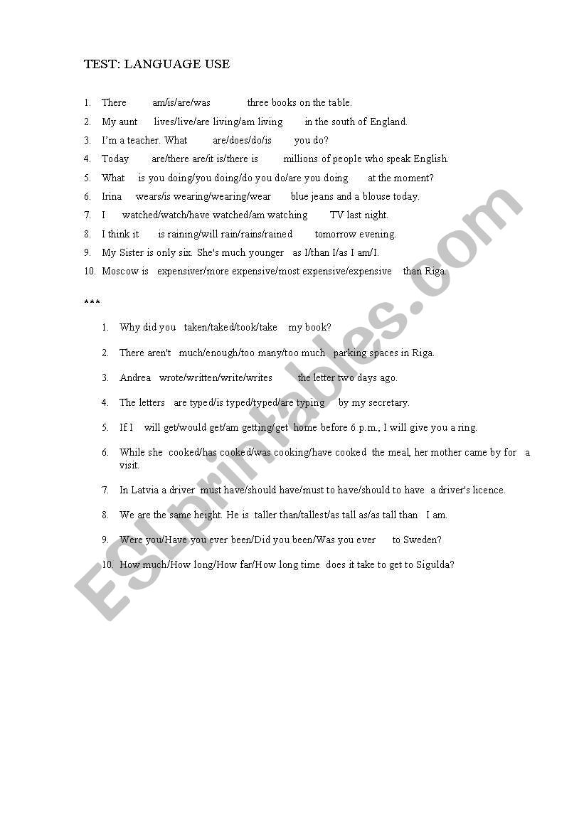 Grammar test - language use worksheet