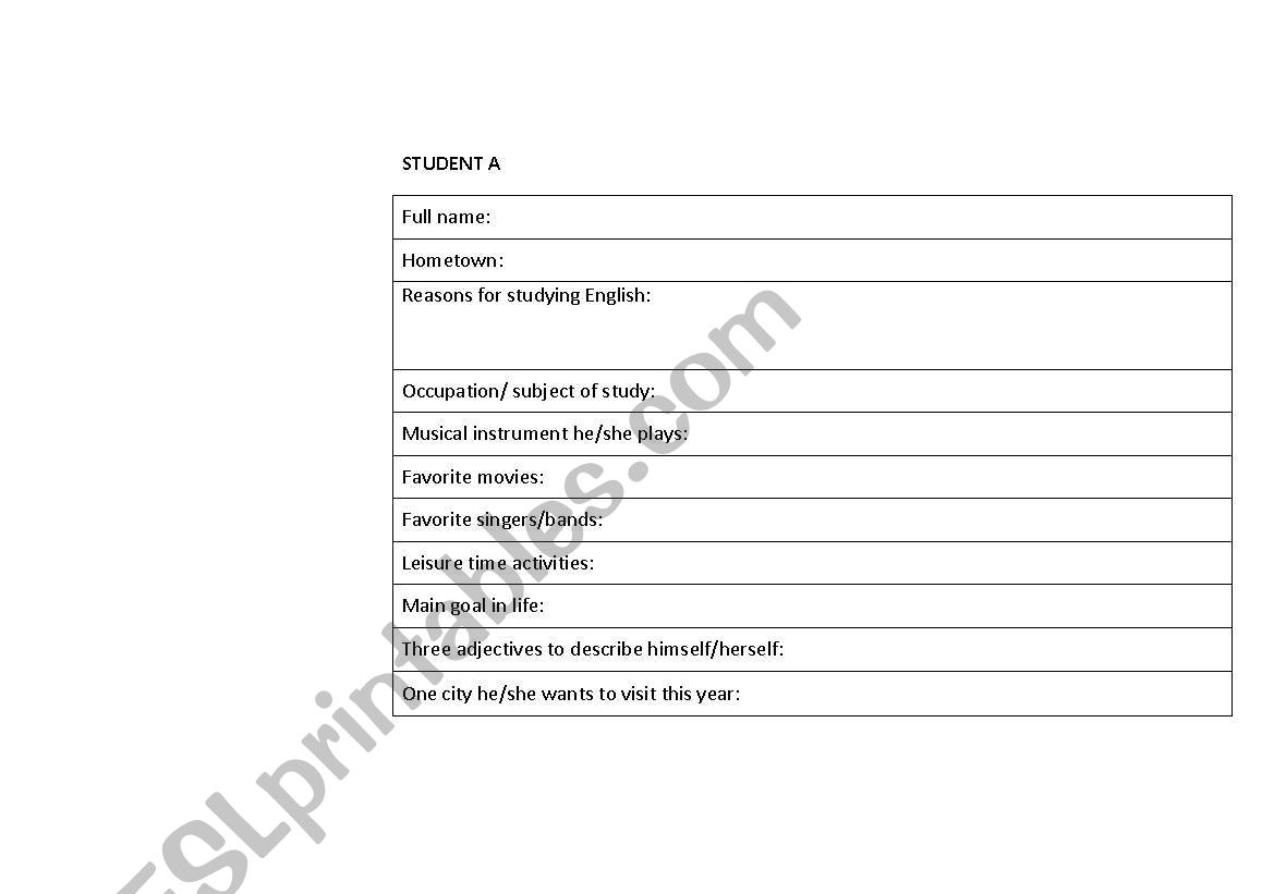 Personal Info worksheet