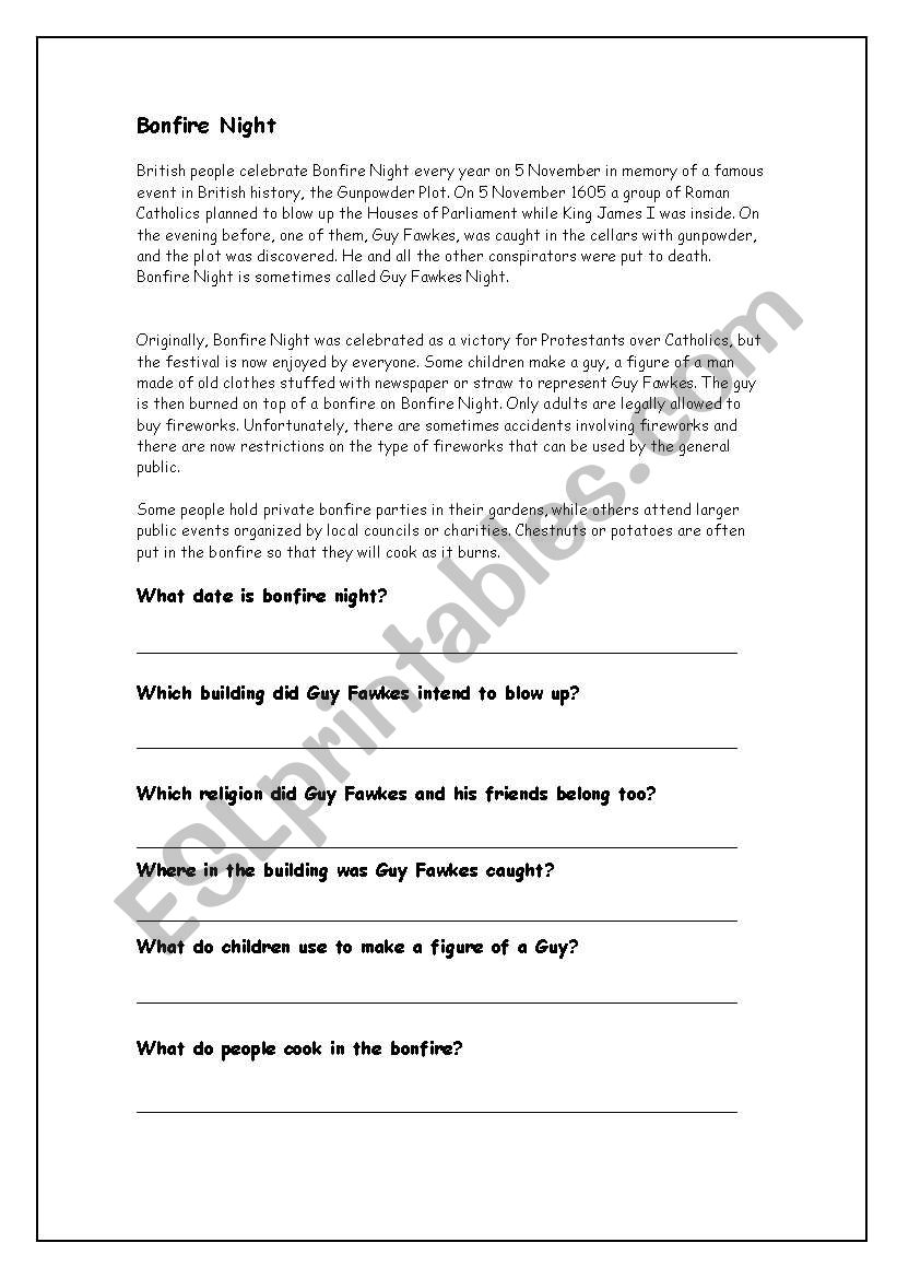 Bonfire night comprehension worksheet