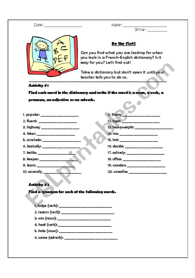 Dictionary Activity ESL Worksheet By Melissaauger