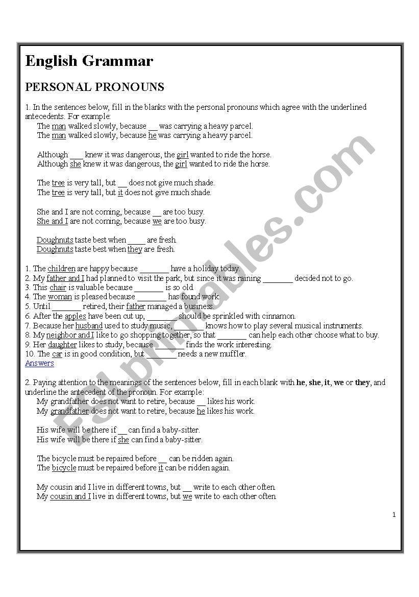 PRONOUNS ESL Worksheet By Esperanza067