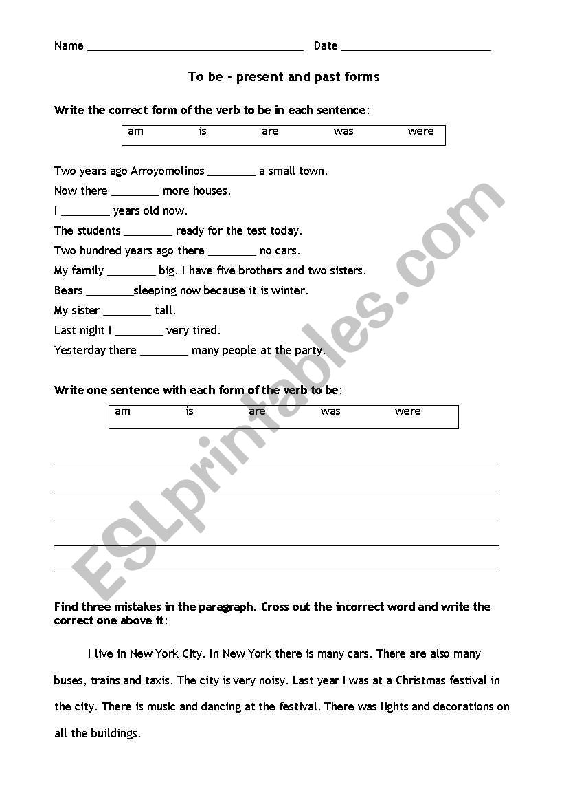 English worksheets: Worksheet on the verb ´to be´ simple past and ...