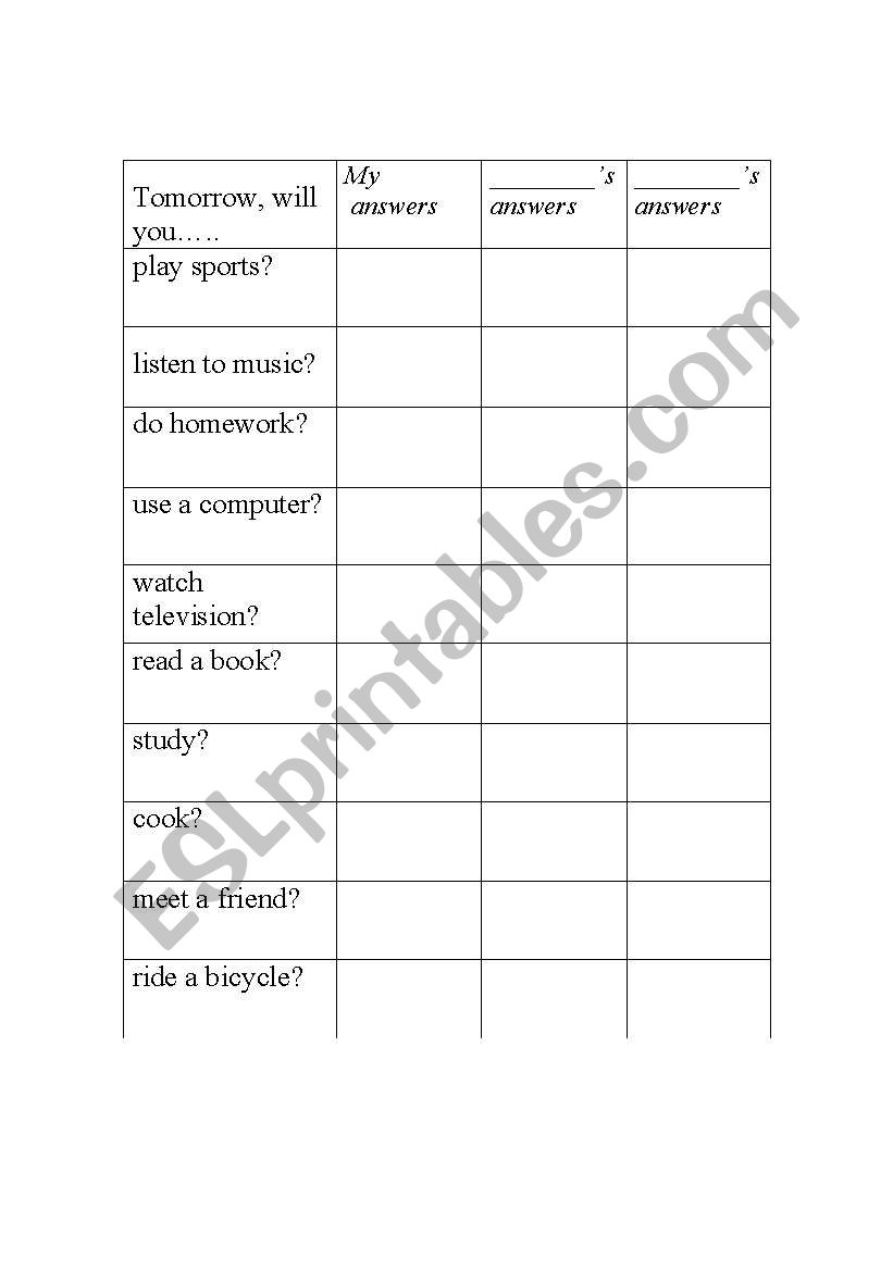 Tomorrow will you...?  worksheet