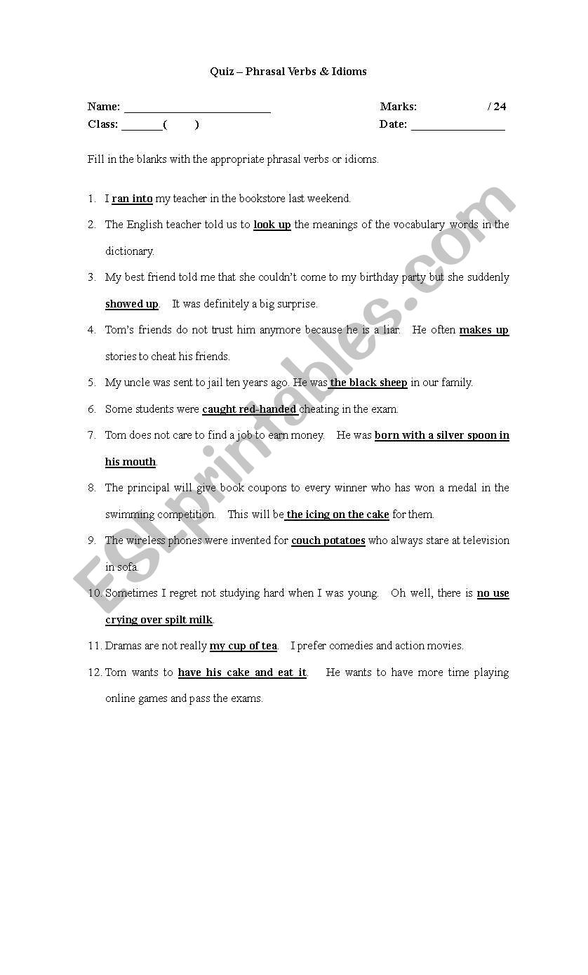 idiom quiz worksheet