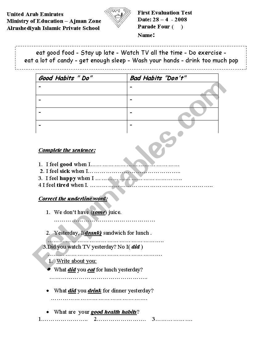 health habits worksheet