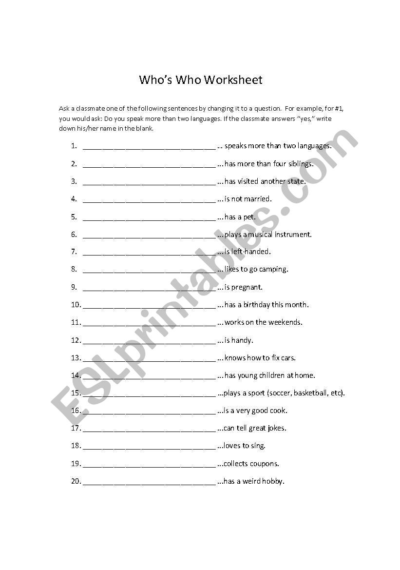 Whos Who worksheet