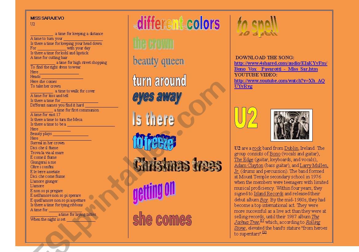 SONG: U2 - MISS SARAJEVO worksheet