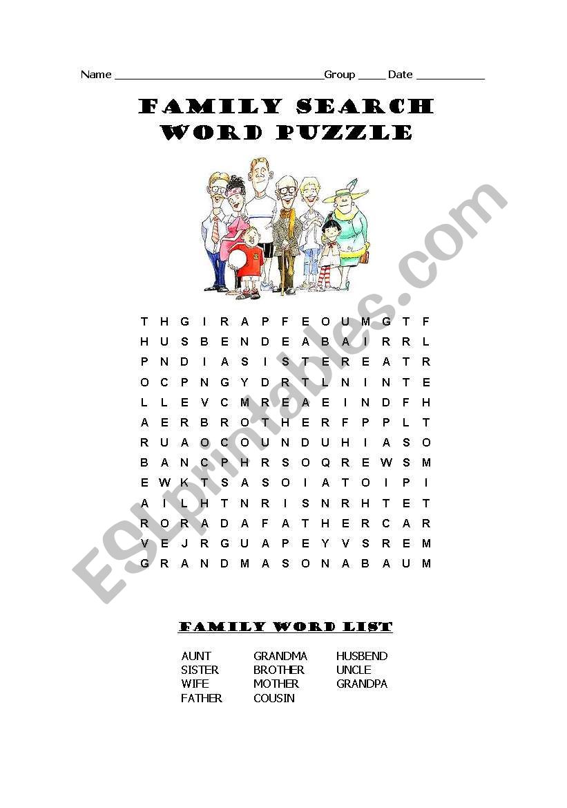 Family Search Word Puzzle worksheet