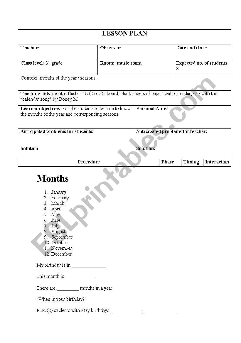 Months worksheet