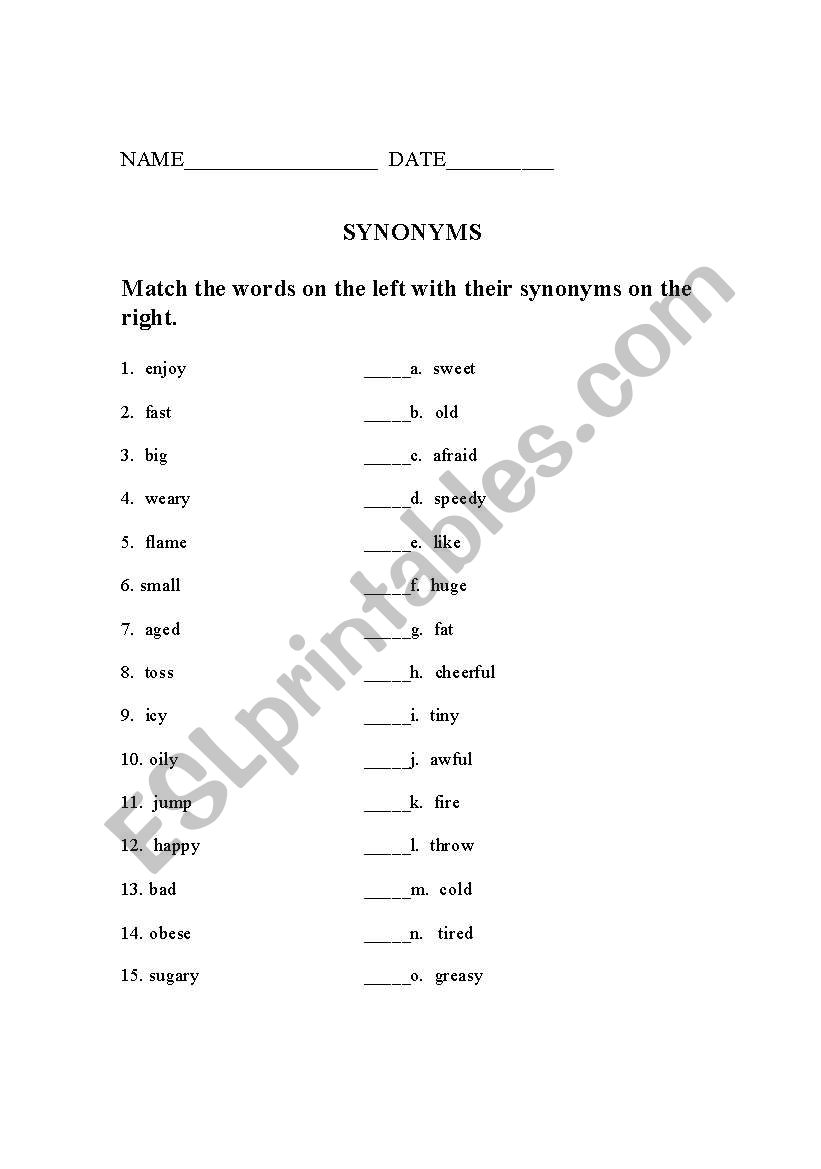 Synonyms Matching worksheet