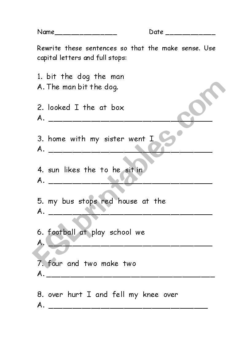 English Worksheets Ordering Words In A Sentence