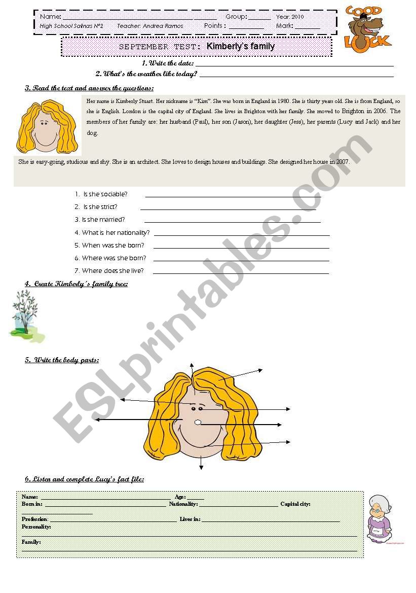 Kimberlys family test worksheet