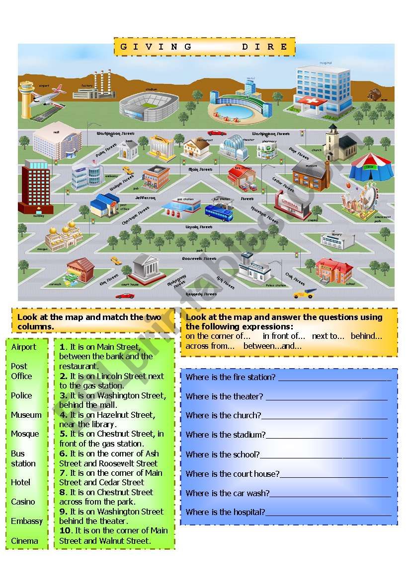 Town Map, Giving directions worksheet