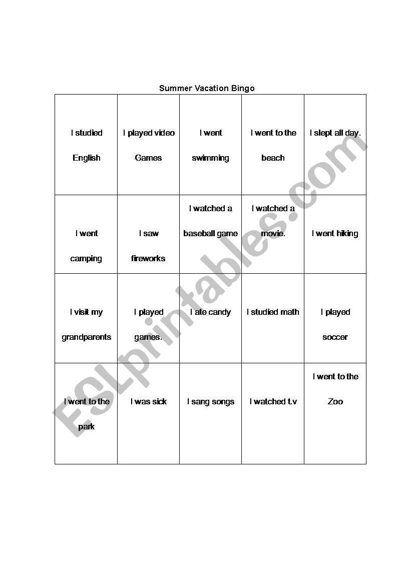 Summer Vacation Bingo  worksheet