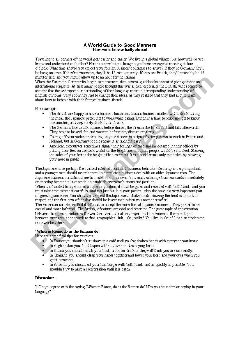 A World Guide to good manners - ESL worksheet by riazchang