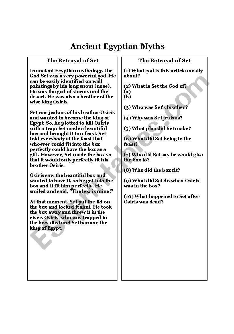 Ancient Egyptian Myths worksheet