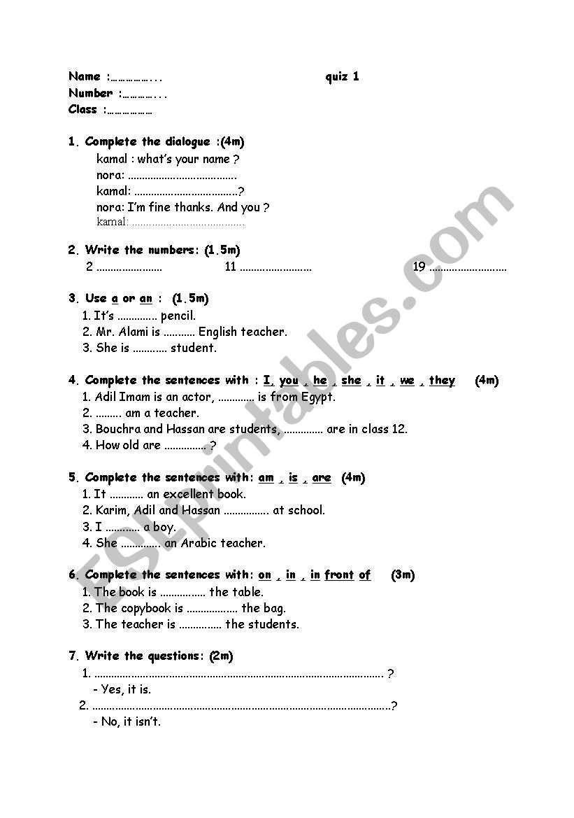 classroom quiz worksheet