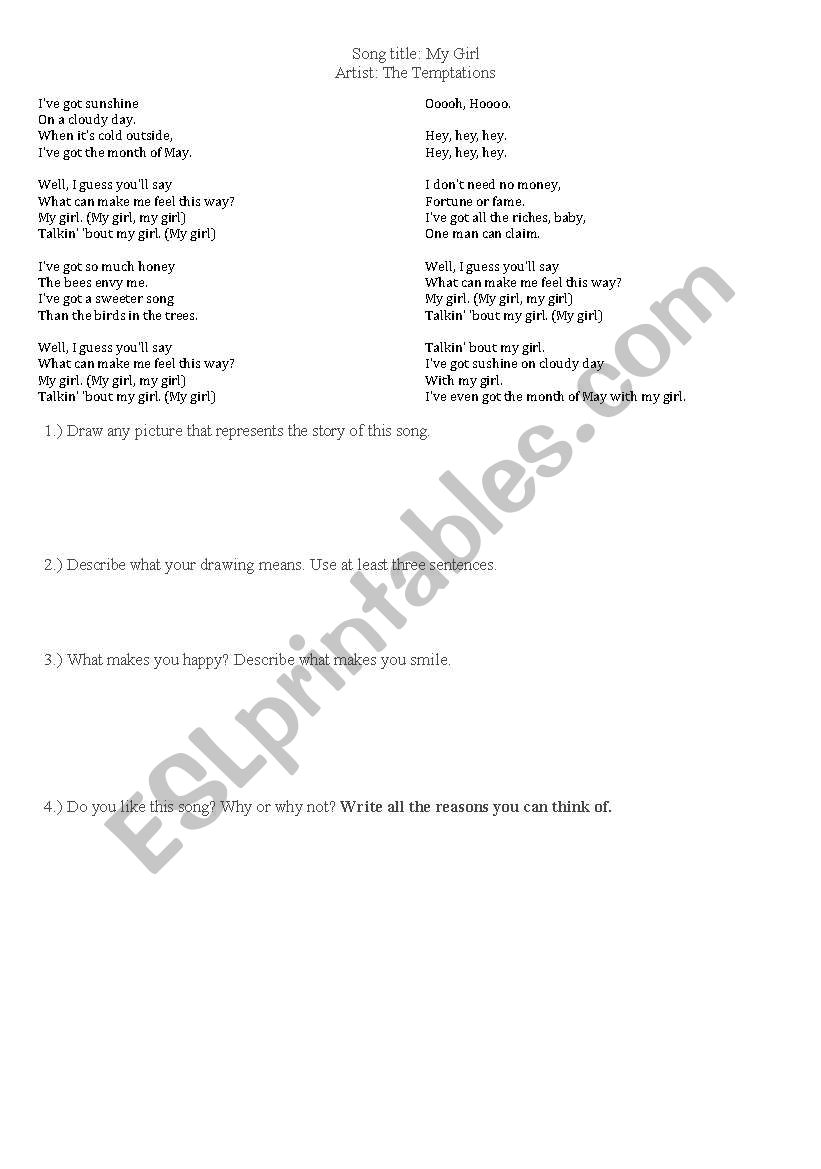 My Girl otis redding  worksheet