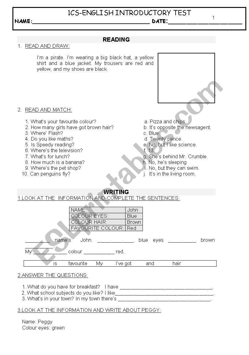 introductory test primary worksheet