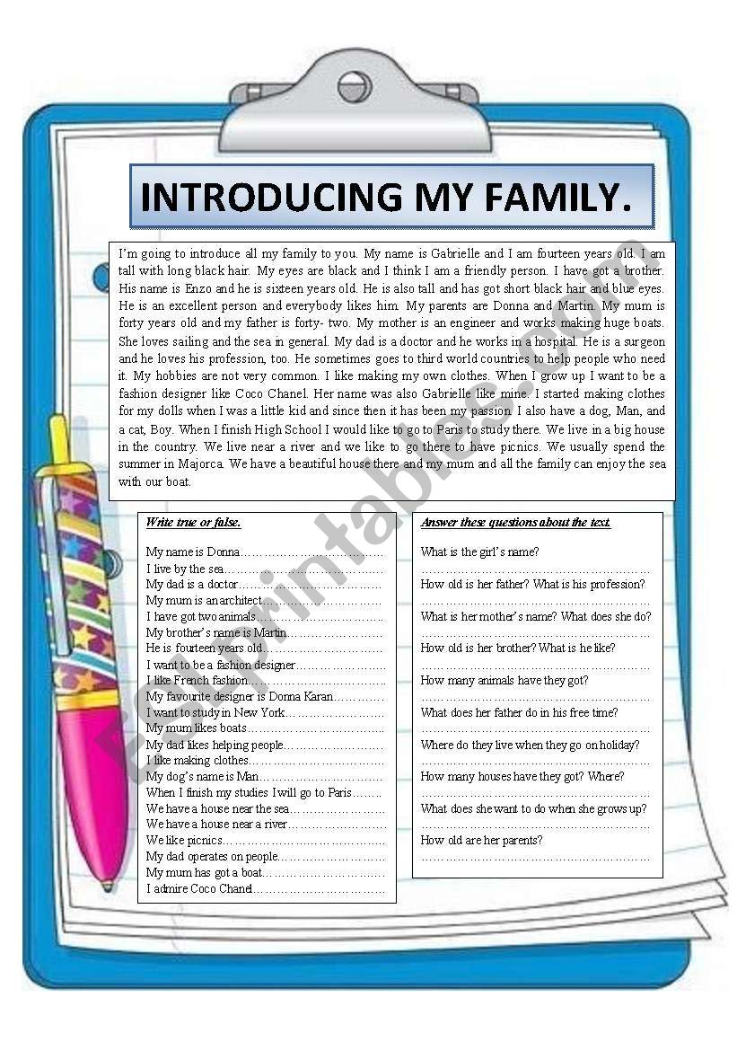 Introducing My Family Reading Comprehension ESL Worksheet By 