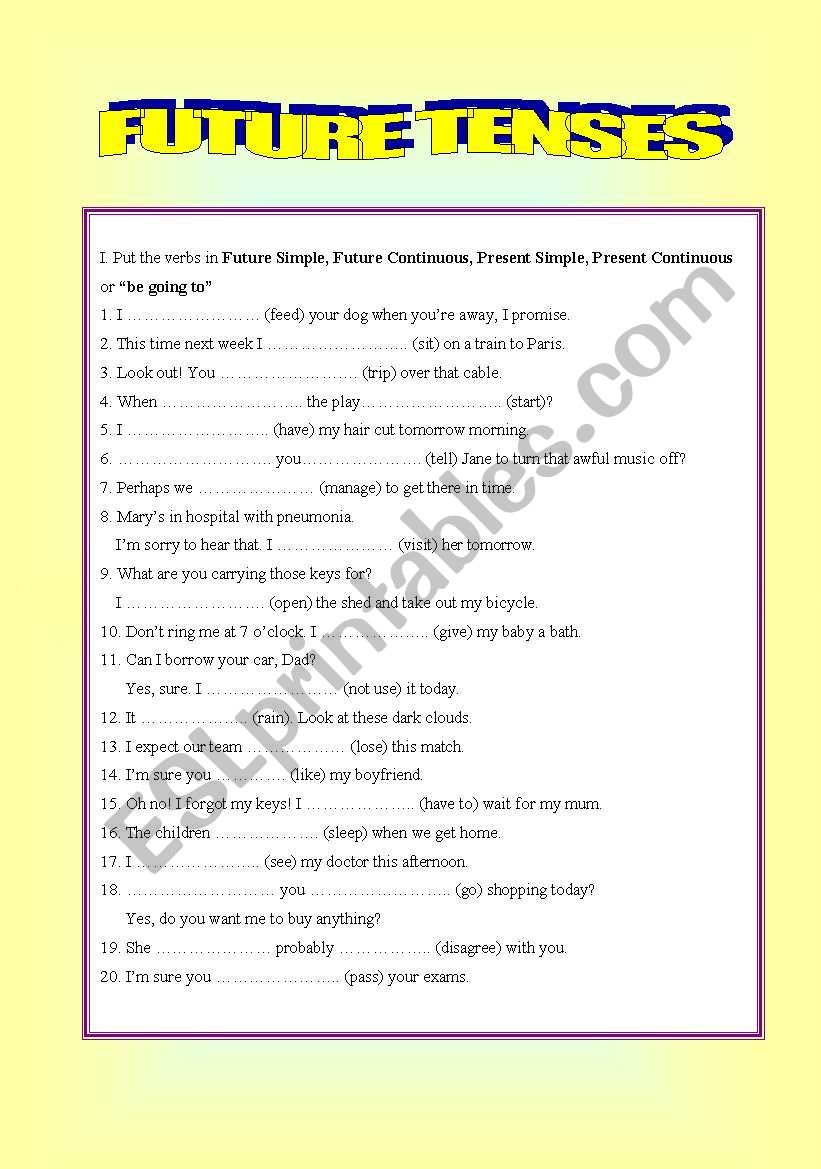 EXERCISE ON FUTURE TENSES ANSWER KEY ESL Worksheet By Kissy86