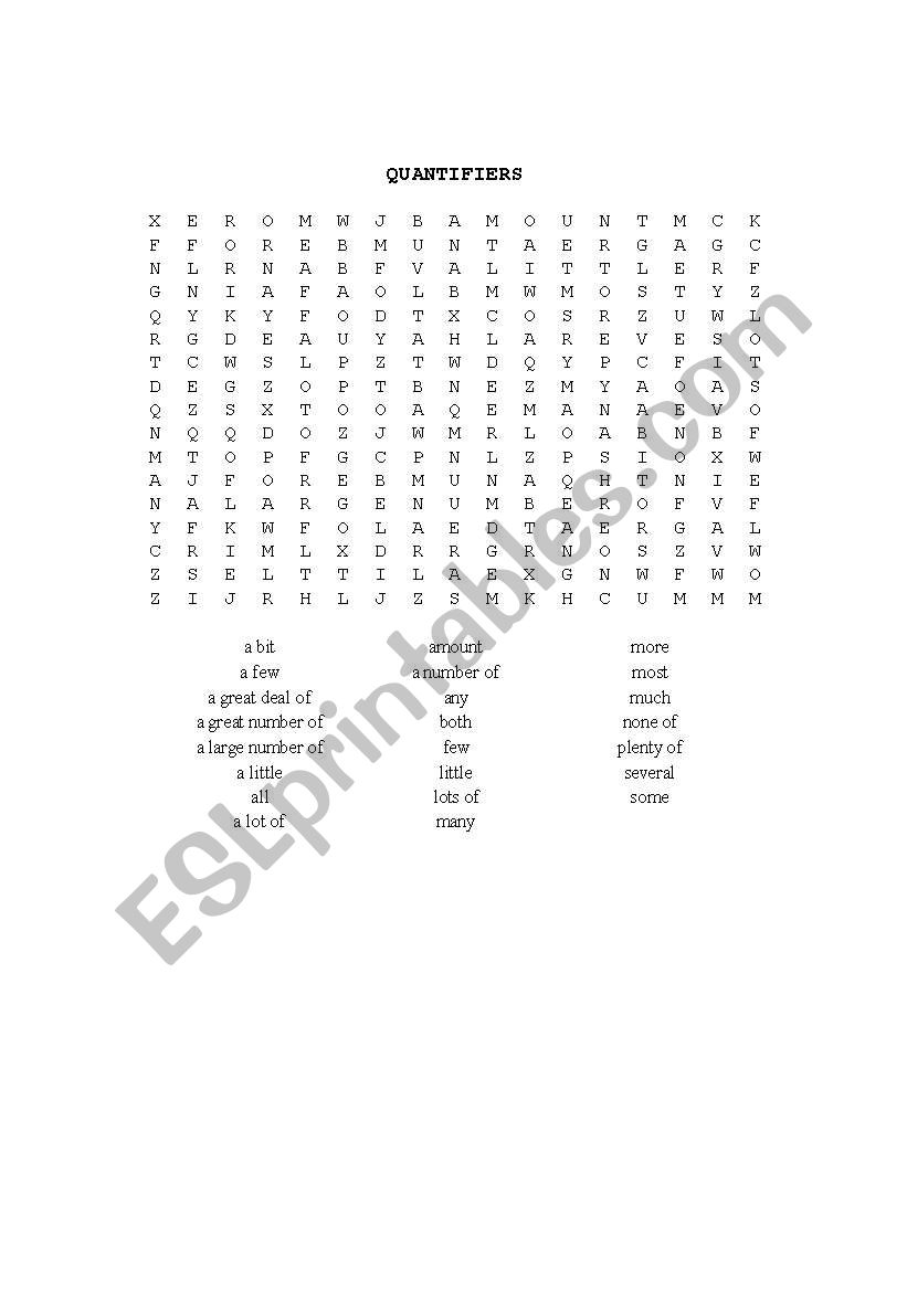 quantifiers word search worksheet