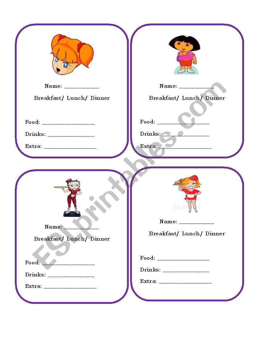 food role card worksheet