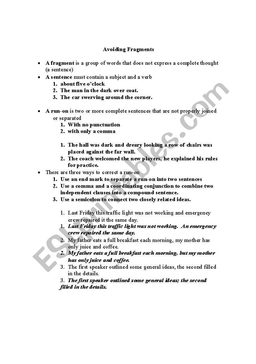 Sentence Fragments worksheet