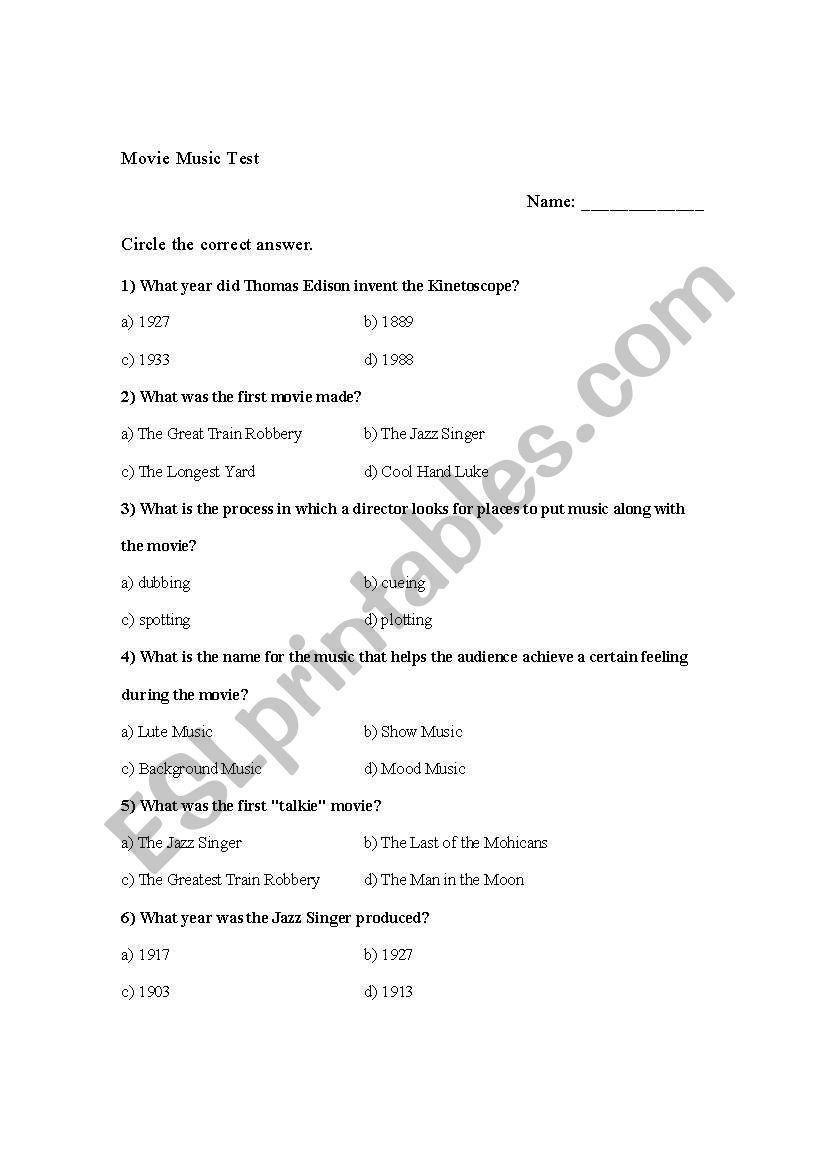 Movie Music Test worksheet