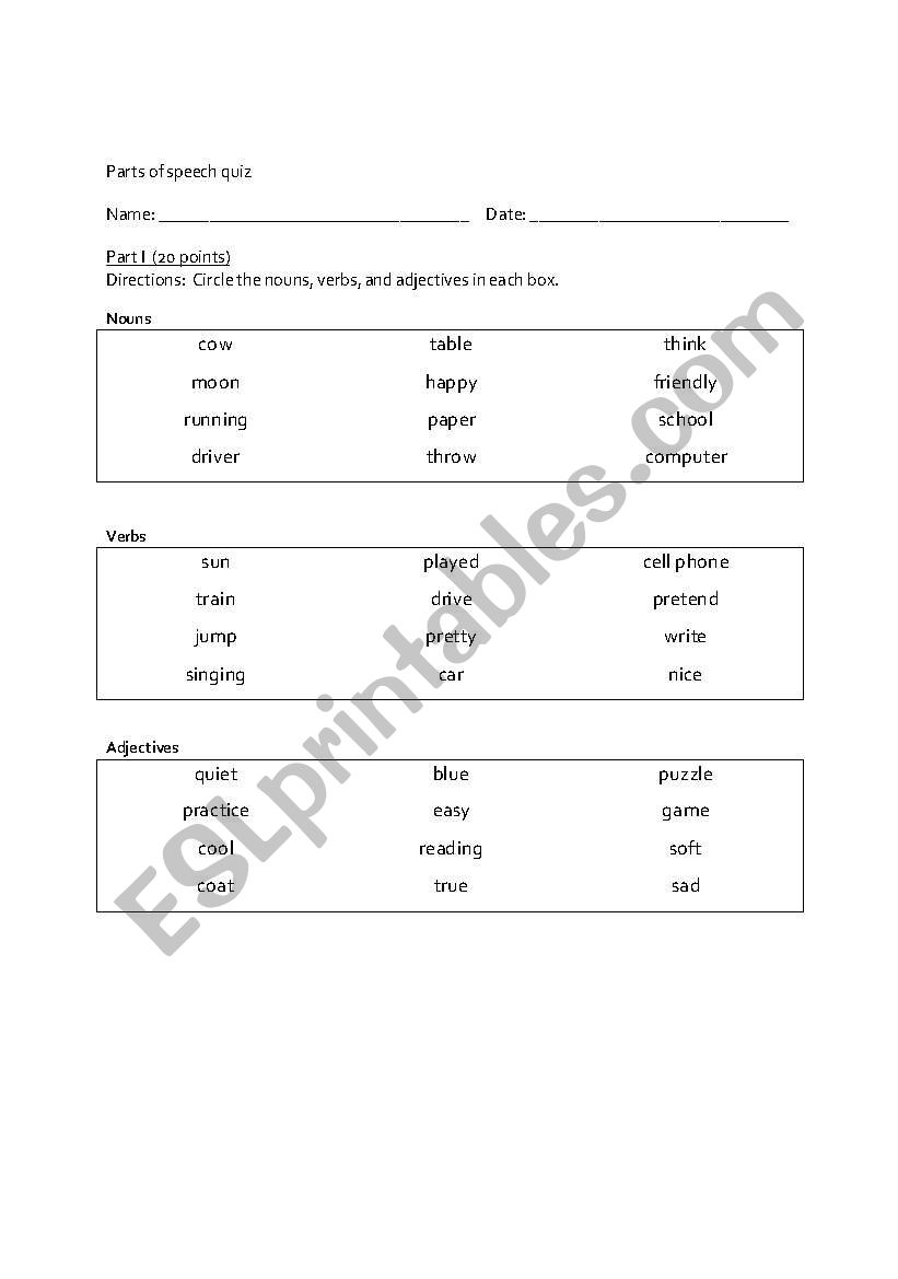 Parts of Speech Quiz worksheet