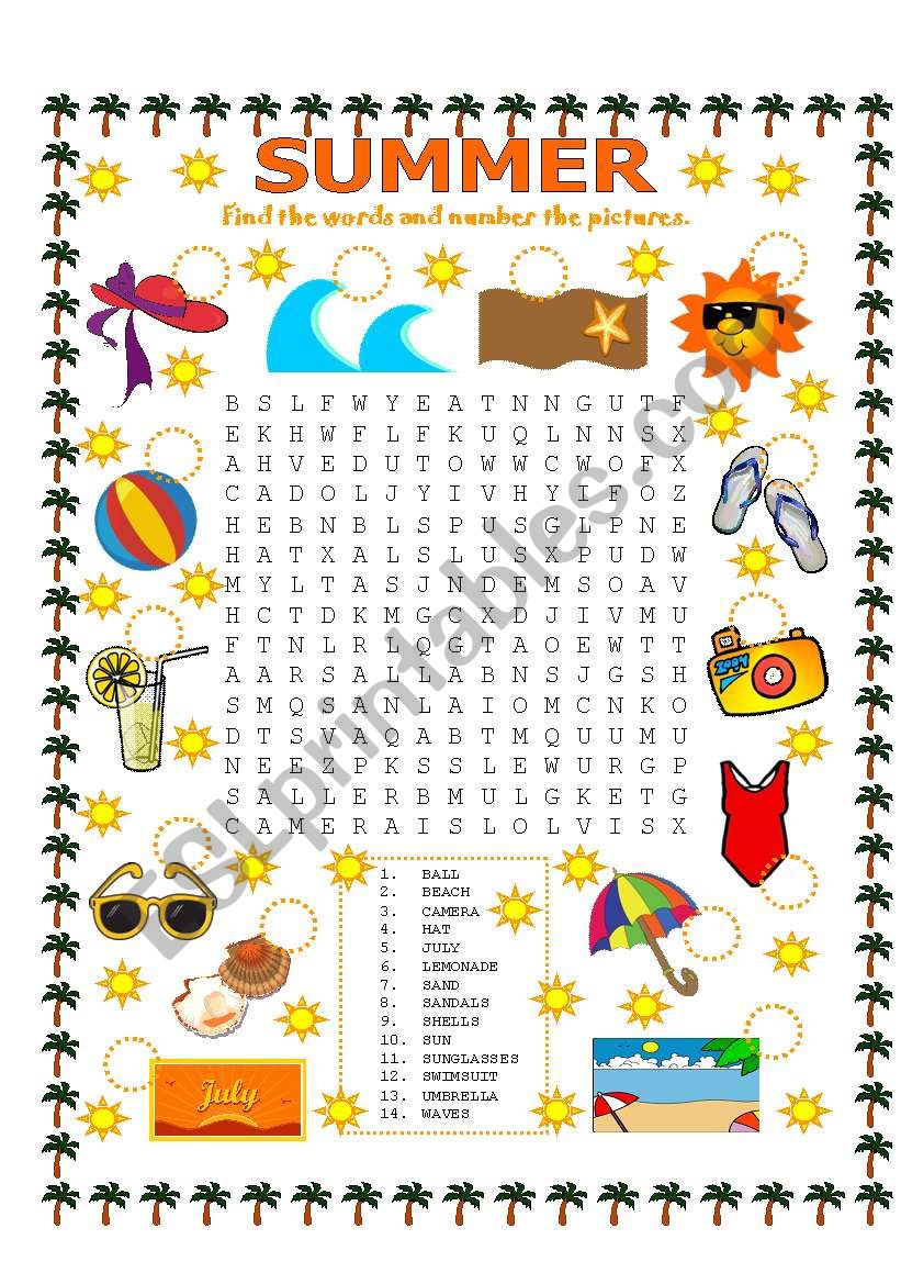 WORD SEARCH SUMMER ESL Worksheet By Lupiscasu