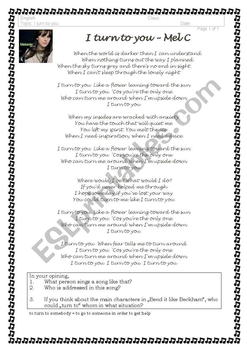 I turn to you - Mel C worksheet