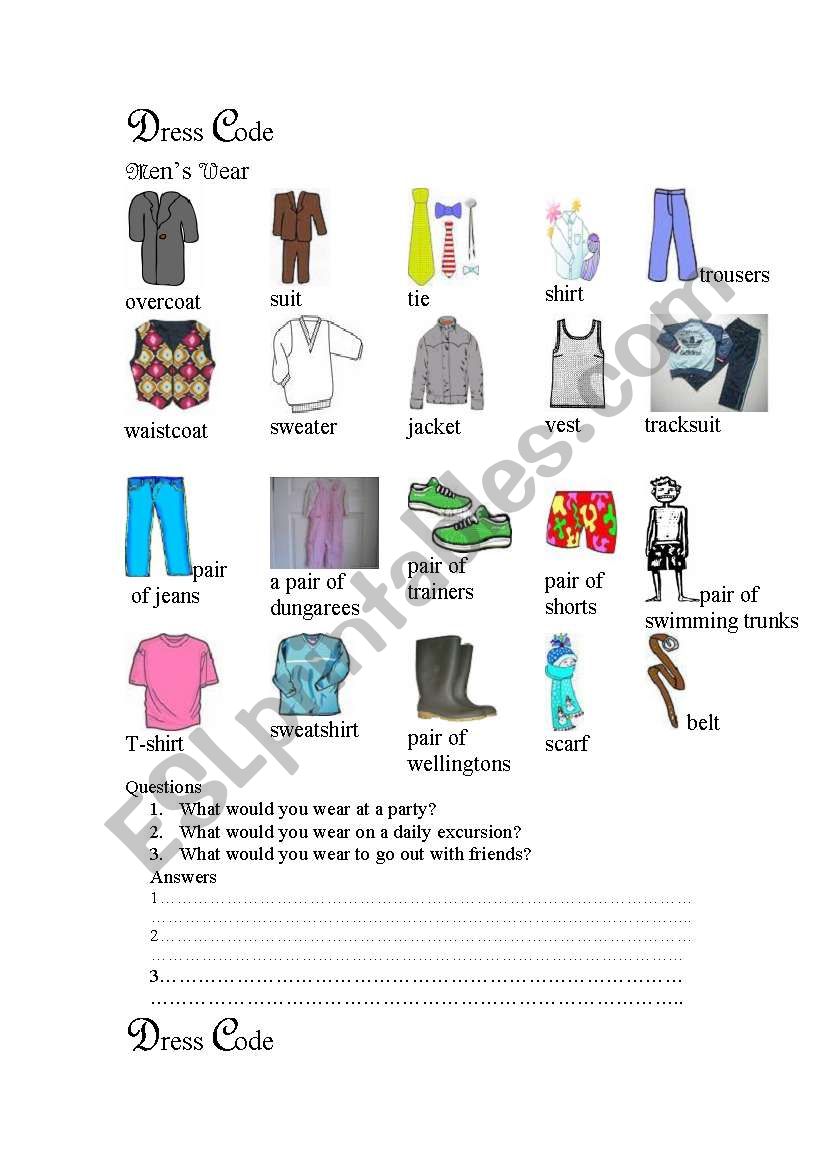 dress code esl worksheet by pateras