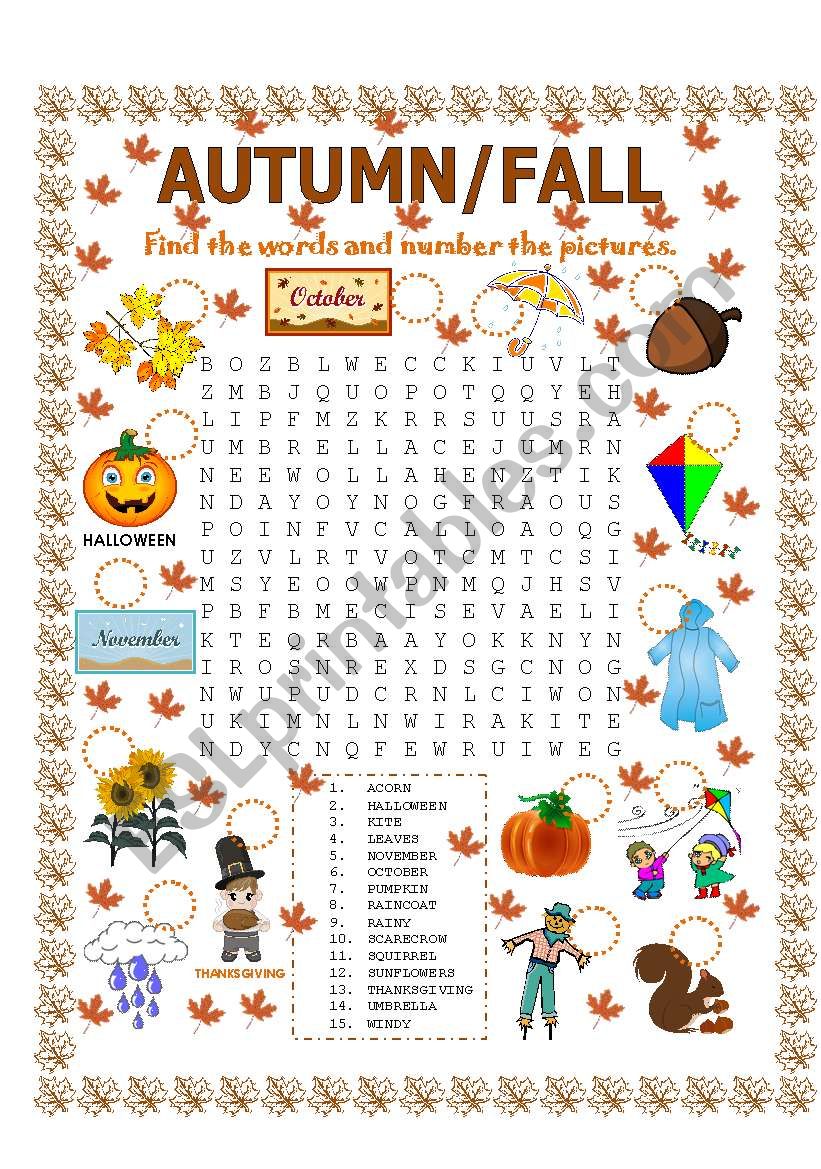 WORD SEARCH AUTUMN FALL ESL Worksheet By Lupiscasu