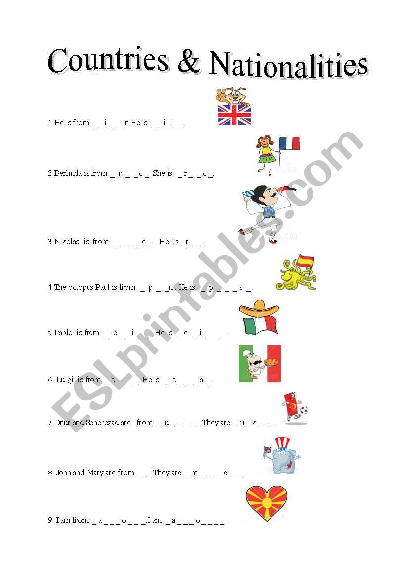 Countries and nationalities worksheet