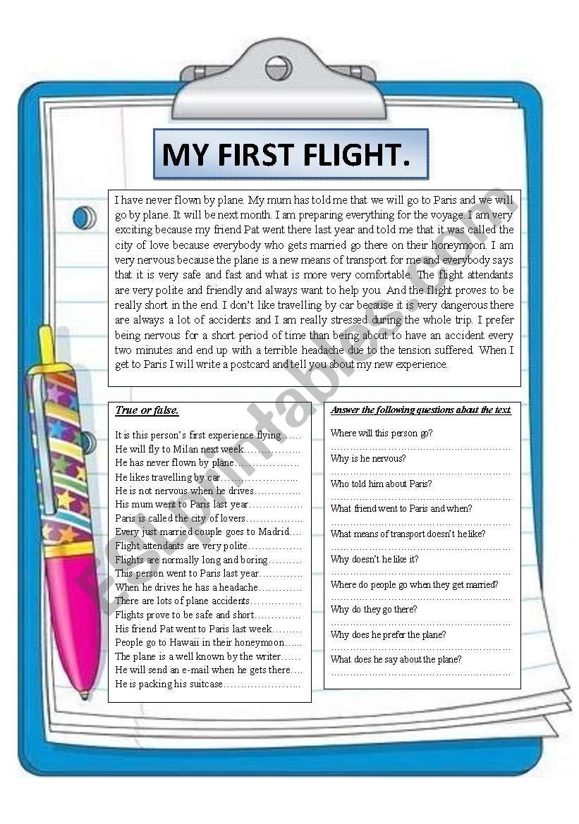 my first flight. Reading comprehension.