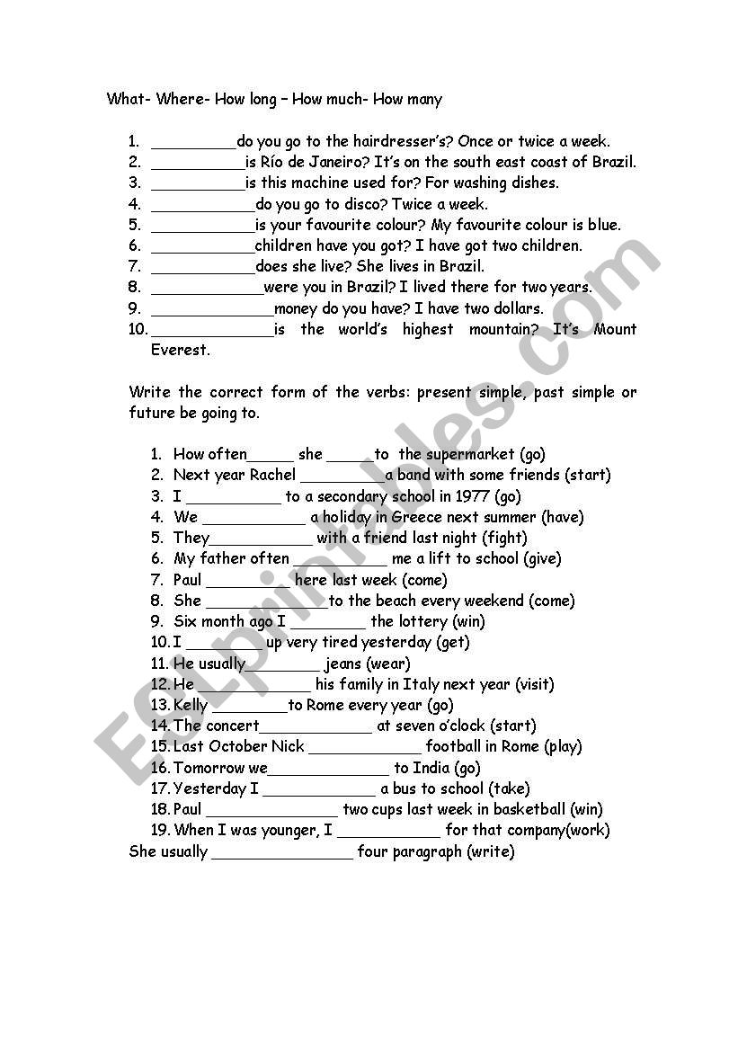 Mixed verbs worksheet