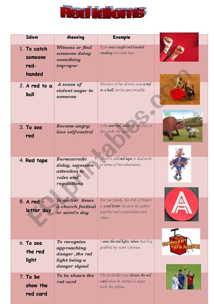 Red idioms worksheet