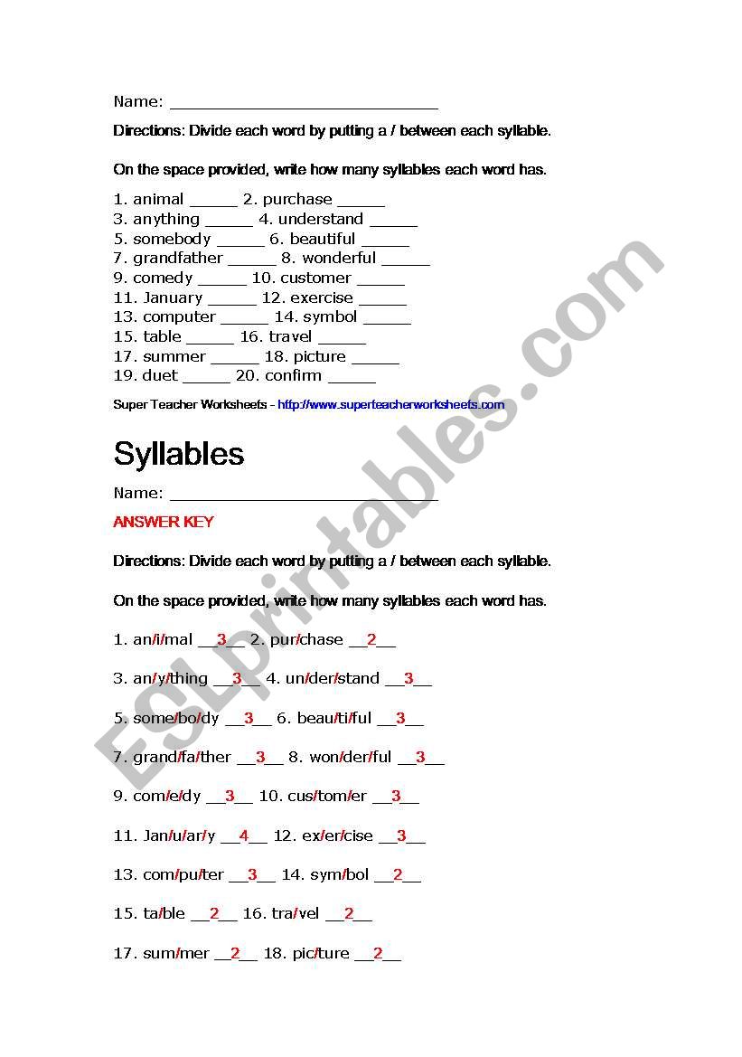 syllables worksheet